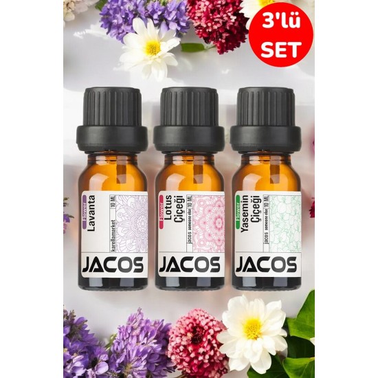 JACOS Lavanta, Lotus,Yasemin Esansiyel Uçucu Yağı Buhardanlık Difüzör Esansı Oda Kokusu 3'lü SET