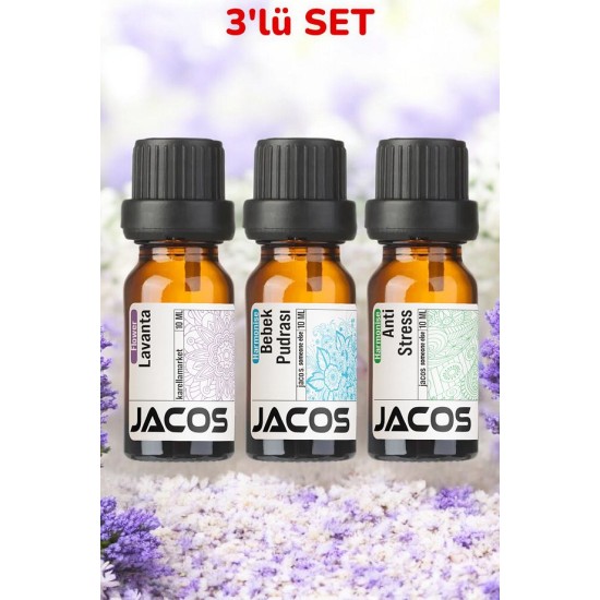 JACOS Lavanta, Pudra,Anti Stress Esansiyel Uçucu Yağı Buhardanlık Difüzör Esansı Oda Kokusu 3'lü SET