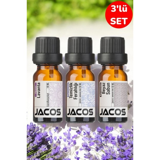 JACOS Lavanta,Temizlilk Ferahlığı,Beyaz Sabun Esansiyel Uçucu Yağı Difüzör Esansı Oda Kokusu 3'lü SET