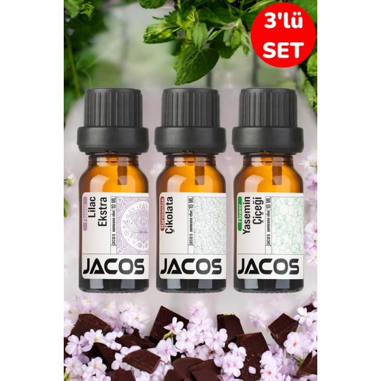 JACOS Lilac,Çikolata,Yasemin Esansiyel Uçucu Yağı Buhardanlık Difüzör Esansı Oda Kokusu 3'lü SET