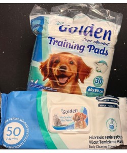 GOLDEN KEDİ VE KÖPEK ALIŞTIRMA PEDİ 60X90CM (30'LU) & GOLDEN EVCİL  HAYVAN VÜCUT TEMİZLEME HAVLUSU(XL-50'Lİ)
