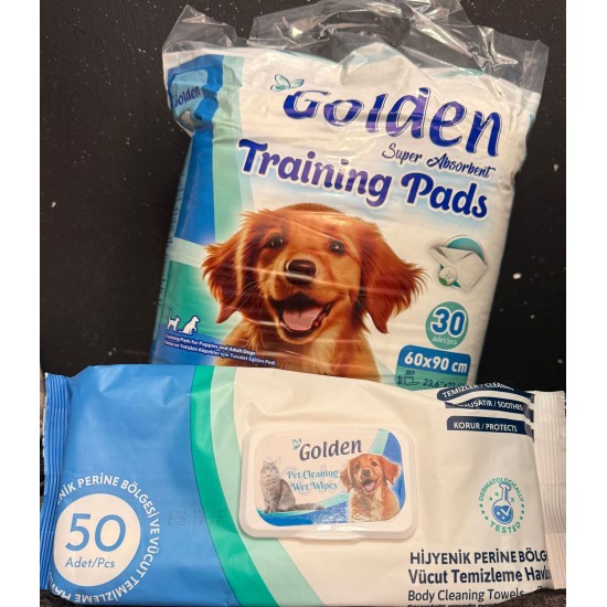 GOLDEN KEDİ VE KÖPEK ALIŞTIRMA PEDİ 60X90CM (30'LU) & GOLDEN EVCİL  HAYVAN VÜCUT TEMİZLEME HAVLUSU(XL-50'Lİ)