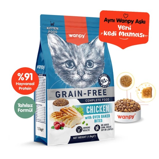 WANPY TAHILSIZ TAVUK ETLİ YAVRU KEDİ MAMASI(1,5KG)